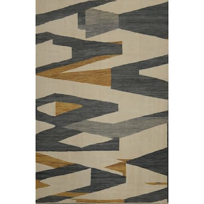 Hand Woven Oriental 100% Wool Carpet Southwestern Modern Beige & Ivories Kilim Area Rug - 12' 2'' X 9' 0''