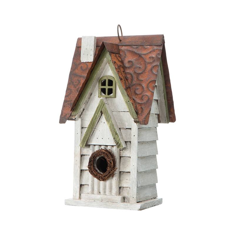 Glitzhome 12"H Retro Distressed Painted Solid Wood Cottage Birdhouse - Off-White