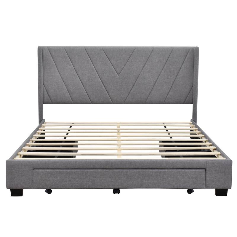 Linen Platform Storage Wingback Bed with 3 Drawers, Queen Bed Frame