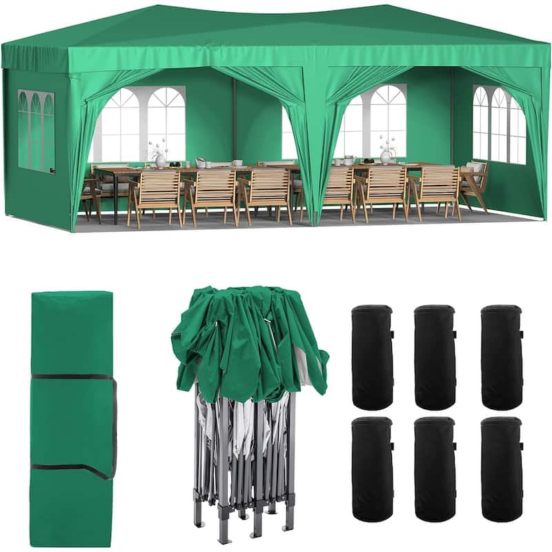 10 x 20 Pop Up Canopy Tent with 6 Sidewalls, Portable Party Canopy with 6 Weight Bag - Green