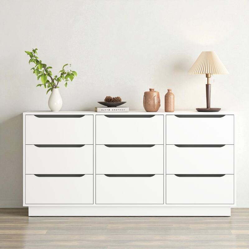 Modern 9-Drawer Dresser for Bedroom Deep Storage White Long Chest of Drawers Wood Cabinet for Closet and Living Room - White