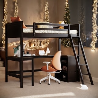 Stylish & Simple Twin Size Wooden Loft Bed with Ladder, Shelves and Desk, Solid Construction & Versatility galore, Espresso