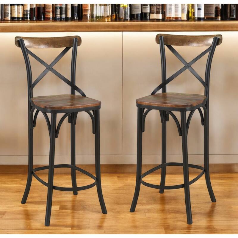 HomeRoots 30" Brown and Black Solid Wood and Metal Counter Height Bar Chair