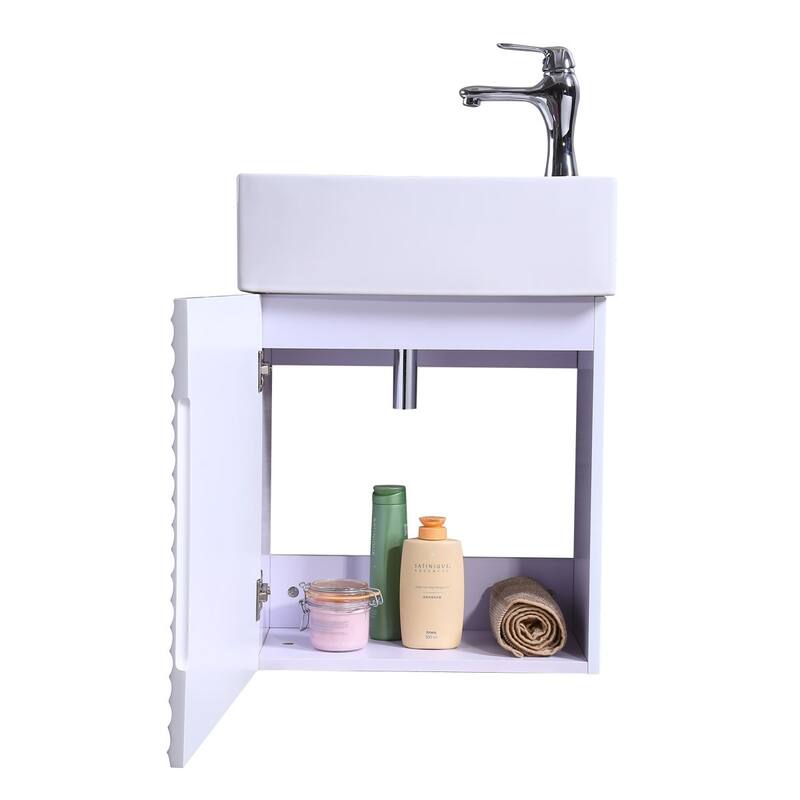 17.75" Ripple White Wall Mount Bathroom Vanity with Sink, Chrome Faucet, Pop-Up Drain and Overflow