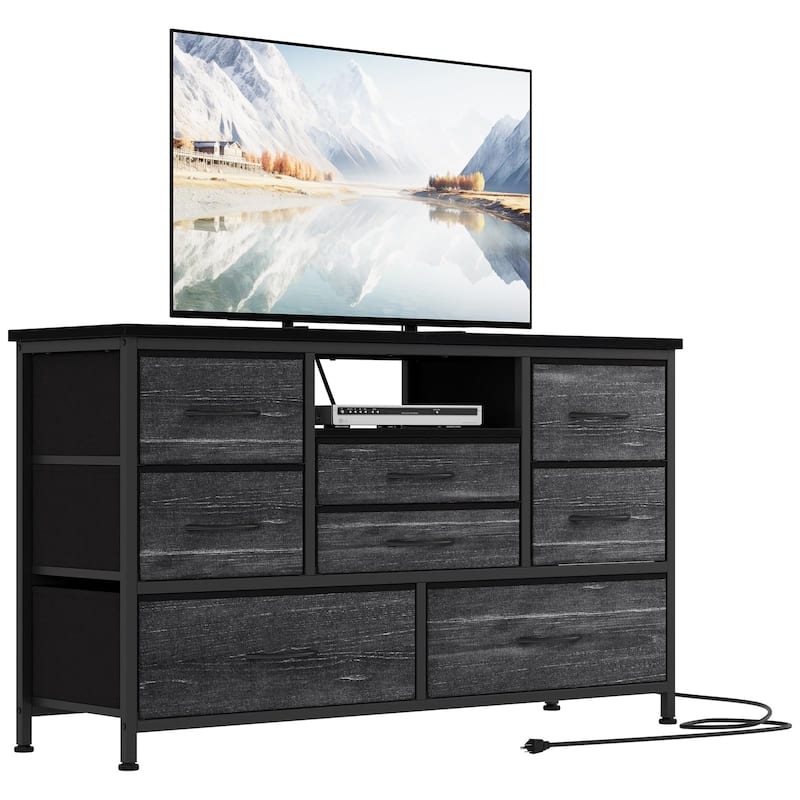 8-Drawer Fabric TV Stand with LED Lights & Built-in Power Outlets - Charcoal Black