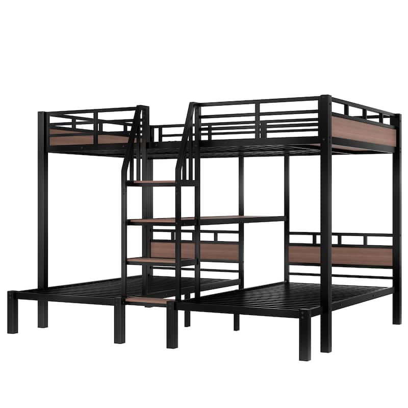 1+2 Sleeping Layout, Triple Bunk Bed for Multi Children with Stairs and Shelf, Queen Over Twin Over Twin Metal Bed Frame