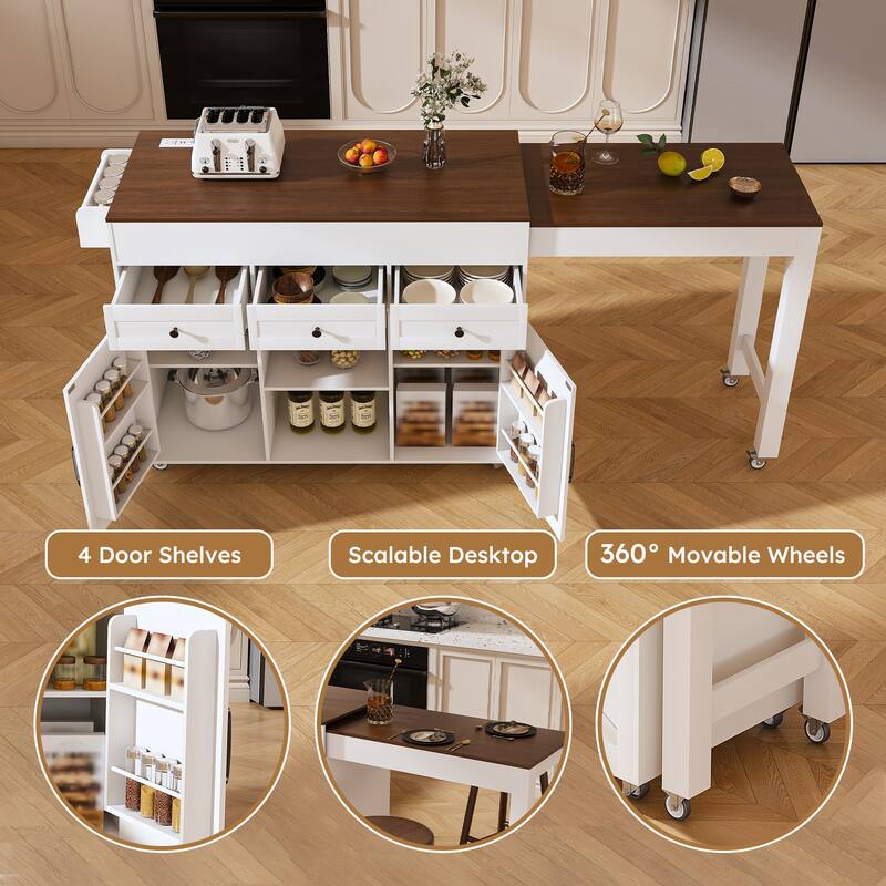 Rossetta 74.8" Removable Extendable Kitchen Cart with Mobile Universal Wheels and Power Outlet