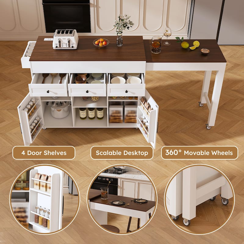 Rustic Kitchen Island, White Walnut Breakfast Bar, Mobile Rolling Storage Cart