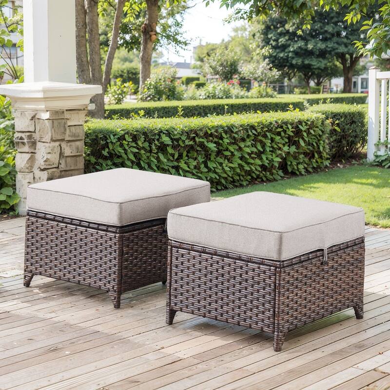2 Pieces Patio Rattan Ottomans with cushions - Brown - Beige