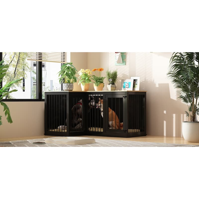 Corner Dog Crate Furniture for 2 Dogs with Double Rooms & Divider