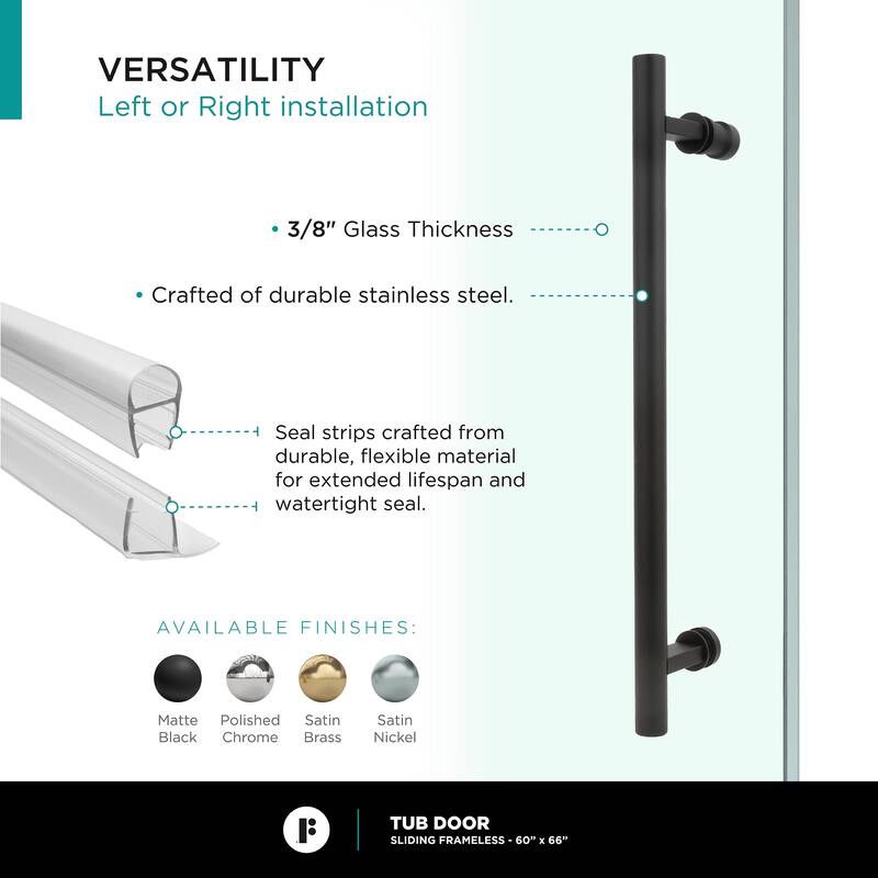 Fine Fixtures Tub Door Sliding Frameless Tempered Glass