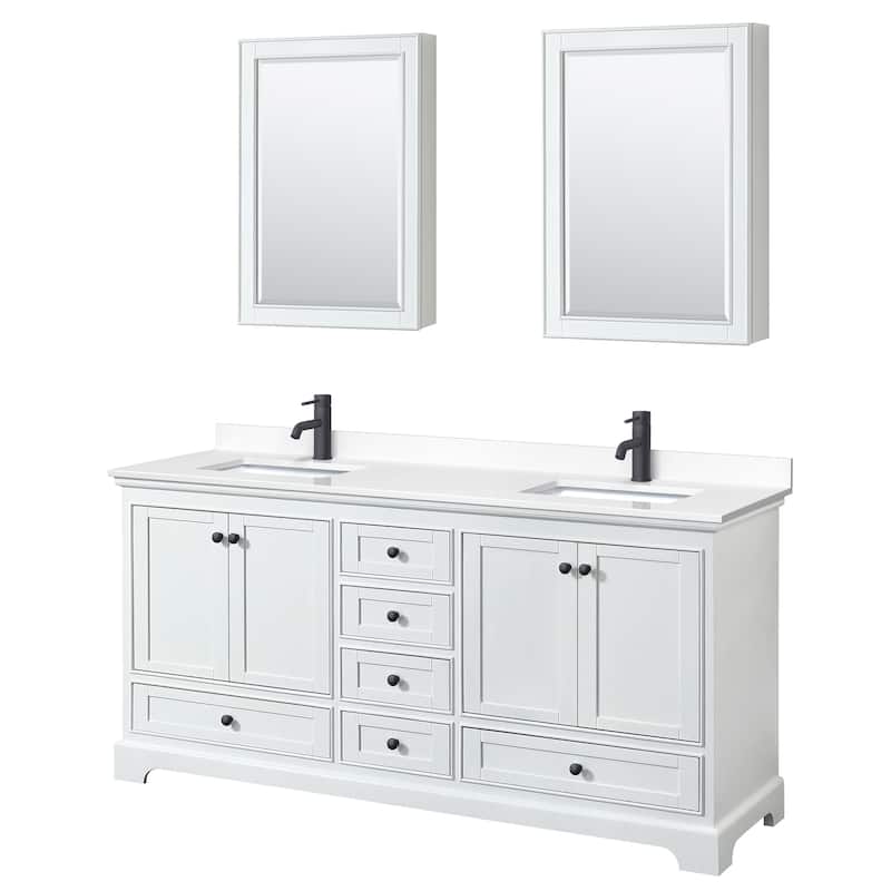 Deborah 72-inch Double Vanity, Cultured Marble Top, Medicine Cabinets - White, Black Trim, White Cultured Marble Top