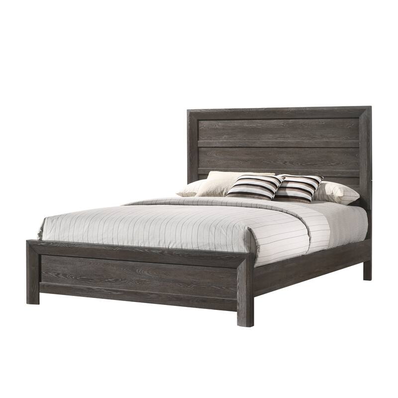 Queen Size Wood Panel Bed with Rustic-Contemporary Headboard Design - Brown Gray