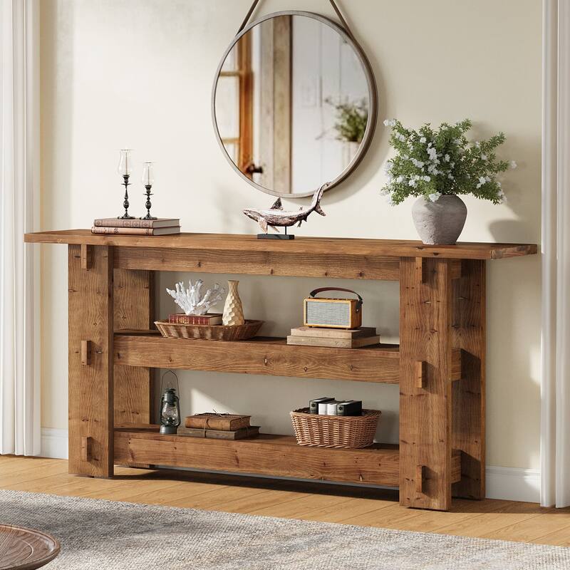 63 Inch Solid Wood Console Table, Farmhouse Sofa Table Behind Couch