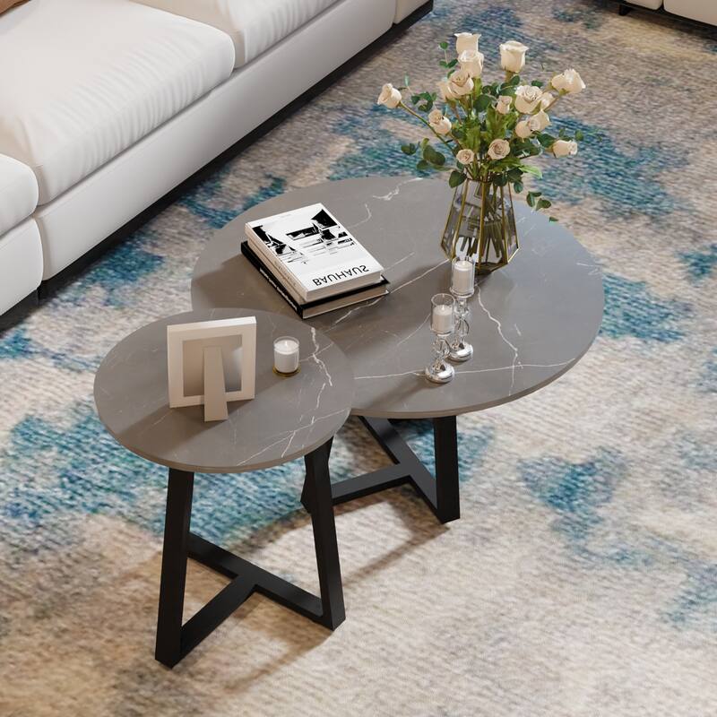 Set of 2 Round Sofa Side End Table Sintered Stone Nesting Coffee Table