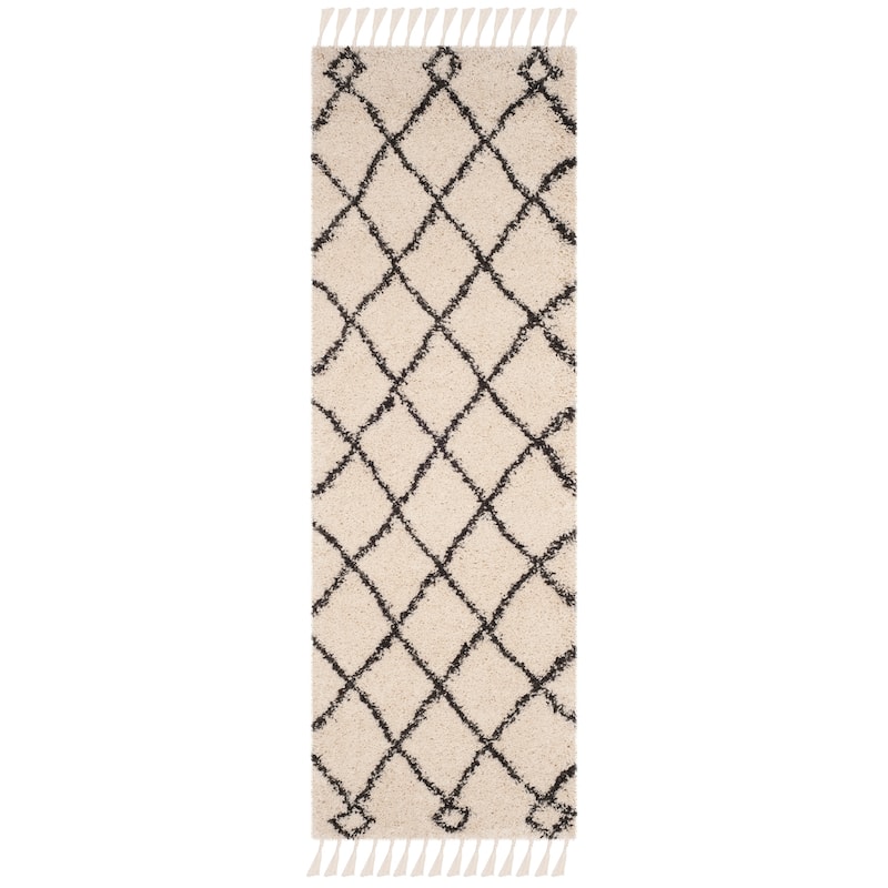 SAFAVIEH Moroccan Fringe Shag Blagorodna 2-inch Thick Rug - 2'3" x 11' Runner - Cream/Charcoal