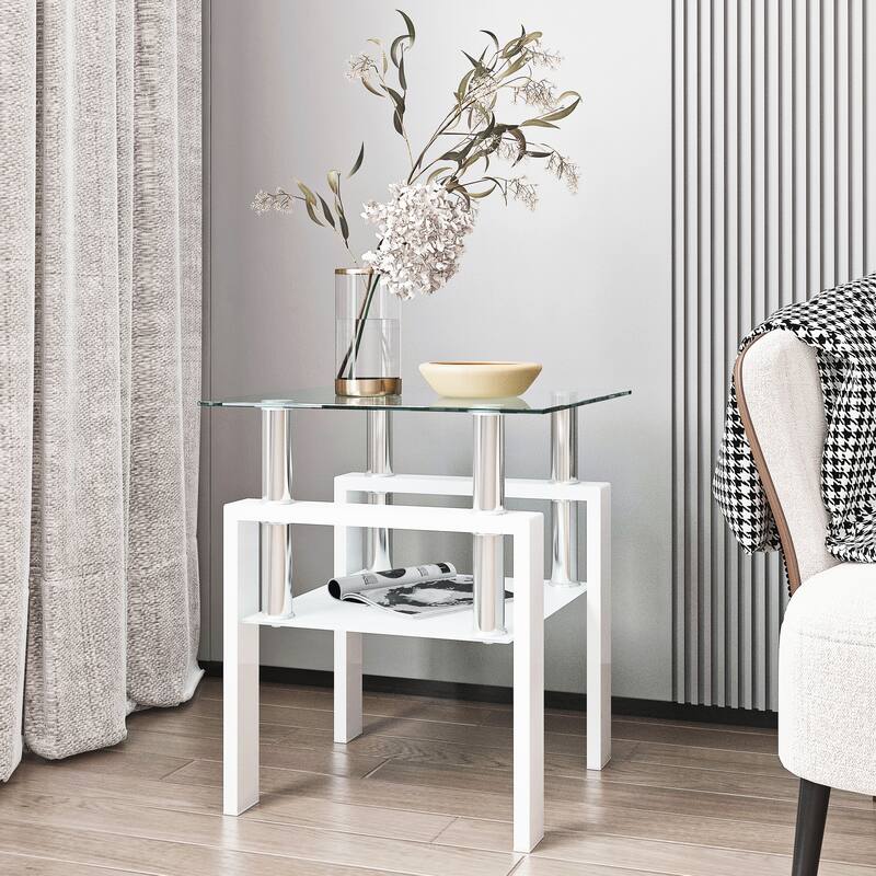 1-Piece Modern Tempered Glass Tea Table Coffee Table End Table, Square Table for Living Room, Black - White