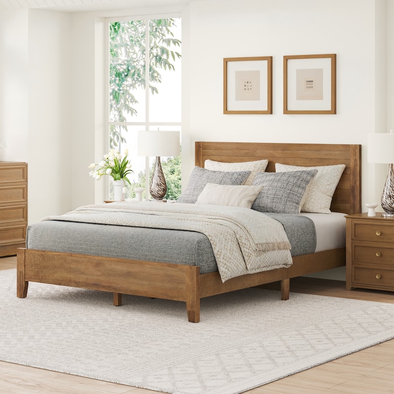 Mid-Century Modern Solid Wood Platform Bed with Headboard Queen/King/Full Size - Natural/Queen - Queen