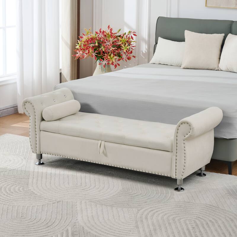 Velvet Storage Bench 62.2 Inch Upholstered Tufted Ottoman Bench with Rolled Arms, Large End of Bed Bench with Rivet Decoration