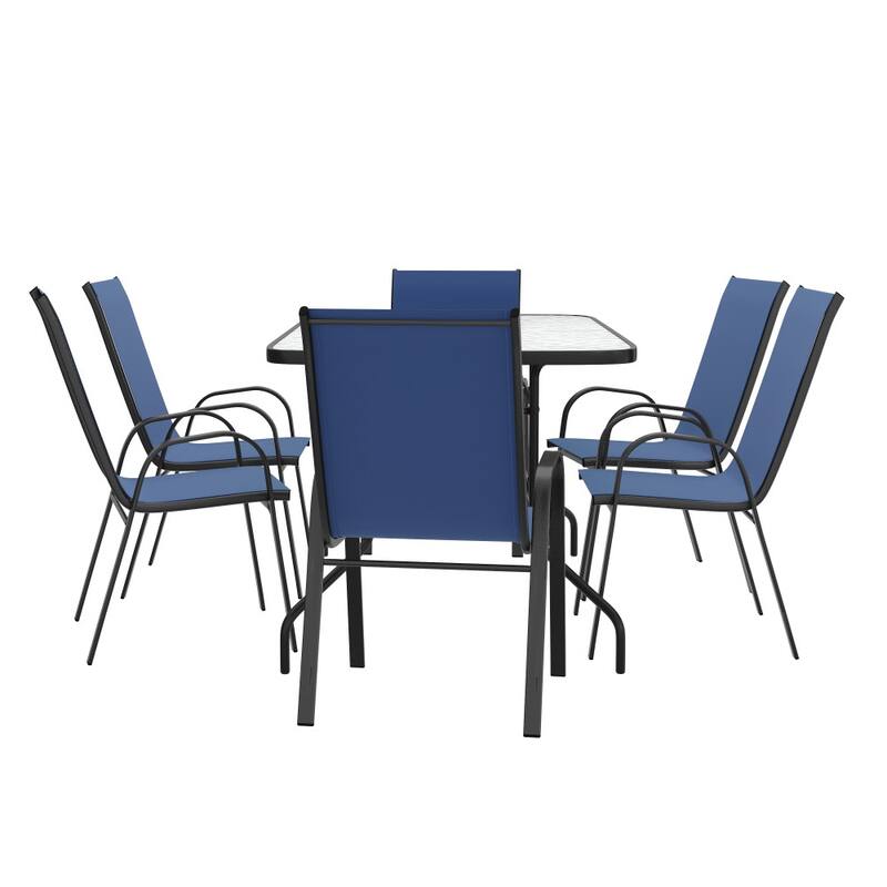 7-Piece Rippled Glass Outdoor Patio Table and Stacking Chairs Set