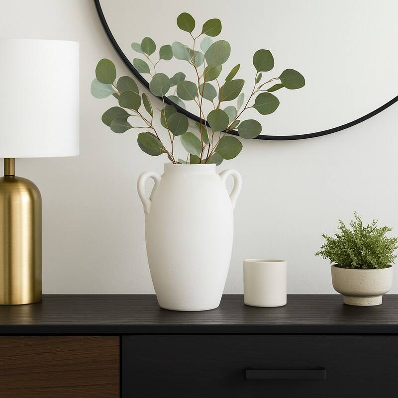 Neutral Ceramic Textured Amphora Jug with Handles Vase - White