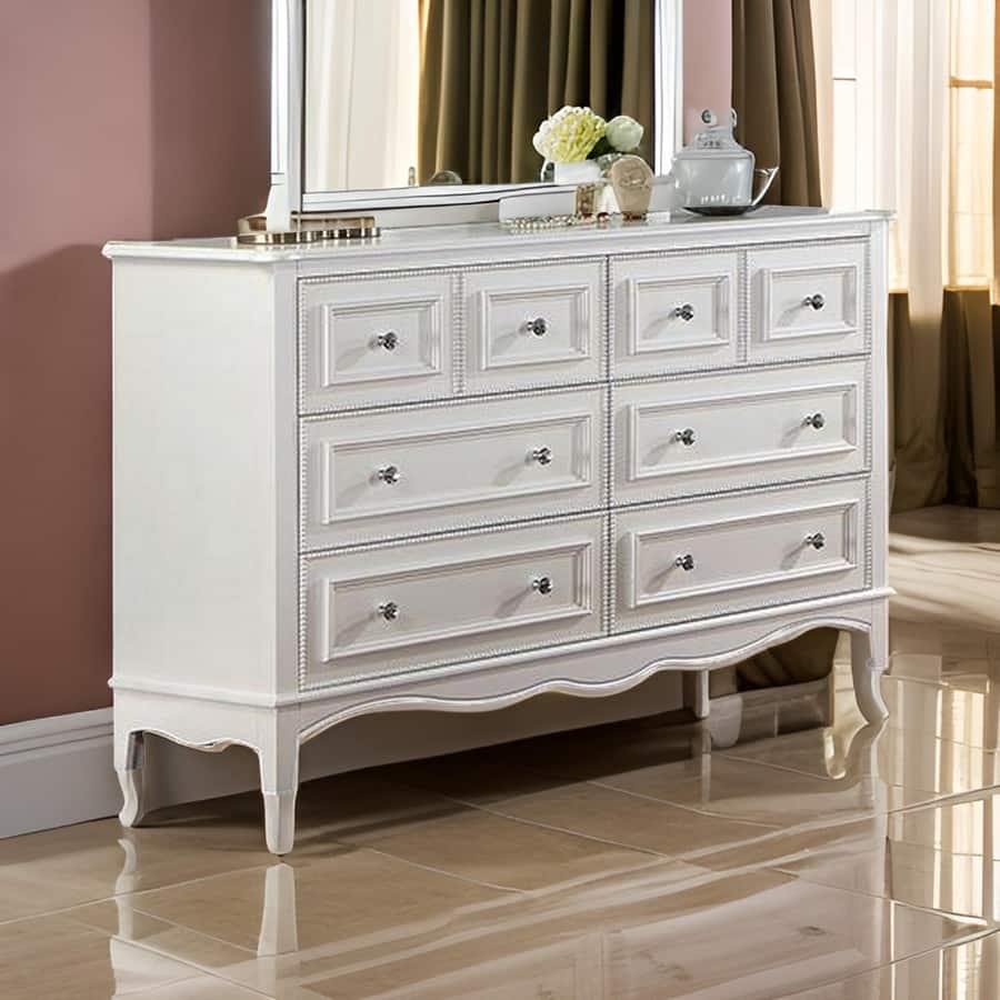 Cade 59 Inch Wide Dresser Chest, 8 Drawers, Crown Mold, Solid Wood, White