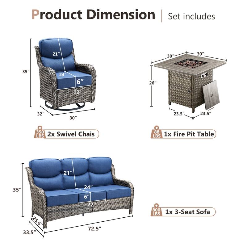 Pocassy 4 Pieces Outdoor 6" Sofa Swivel Chair with Fire Pit Table