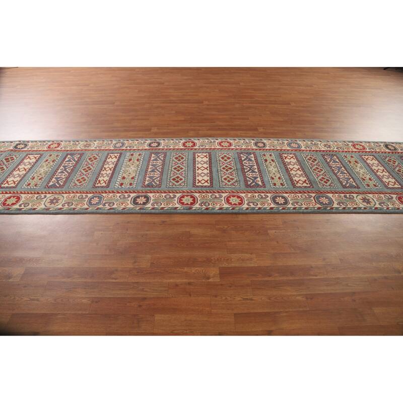 Light Blue Traditional Kazak Runner Rug Hand-Knotted Wool Carpet - 3'1" x 16'5"