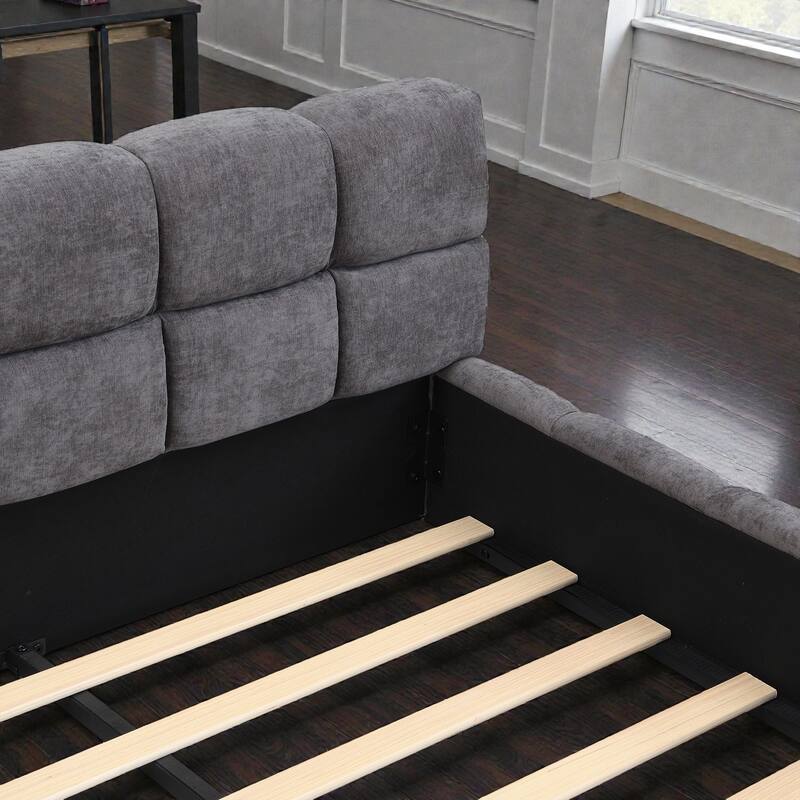 Chenille Upholstered Queen/King Bed with Checkerboard Headboard, Soft Fabric Platform Bed Frame, Modern Elegant Design