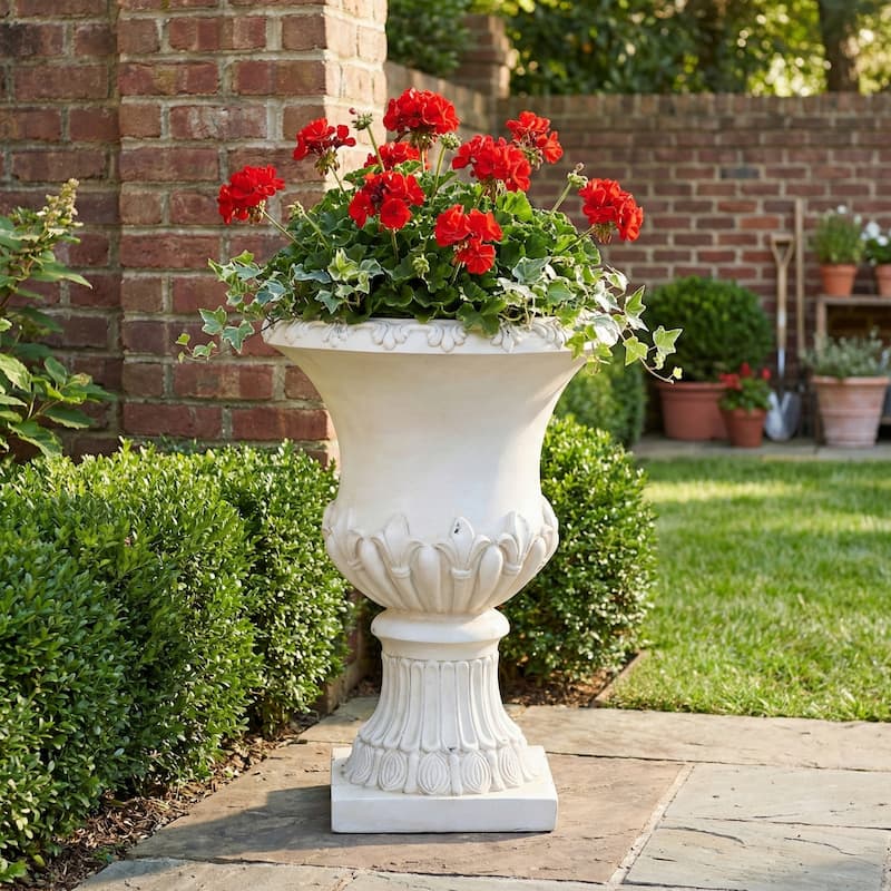 Christopher Knight Home - Classical 24.8"H Outdoor Pedestal Urn Planter with Fleur-de-Lis Design - Antique White