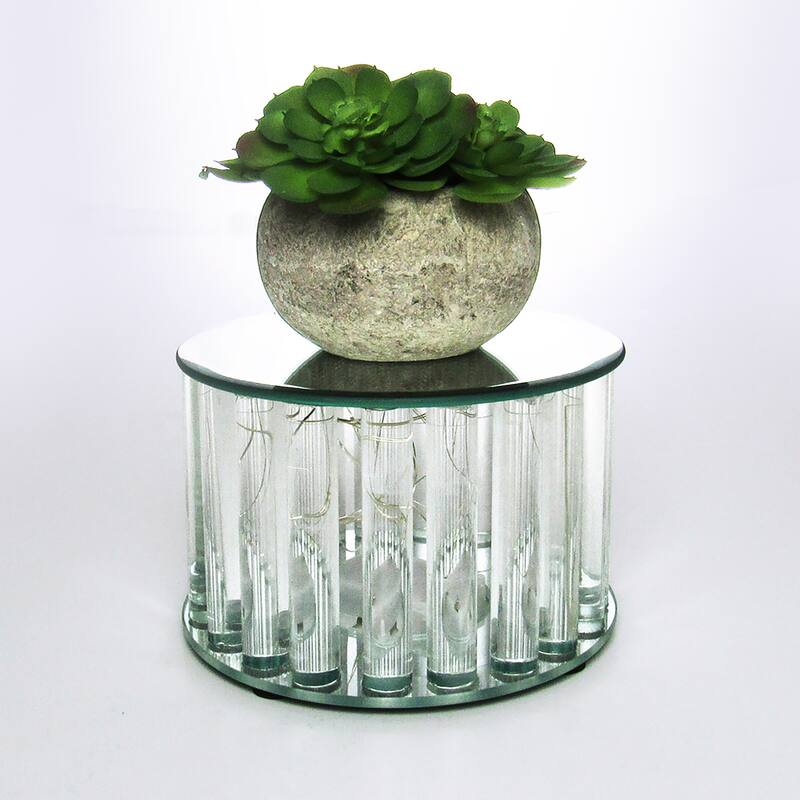 Round Mirror LED Fairy Light Up Glass Columns Cake Stand Dessert Display Tray Riser