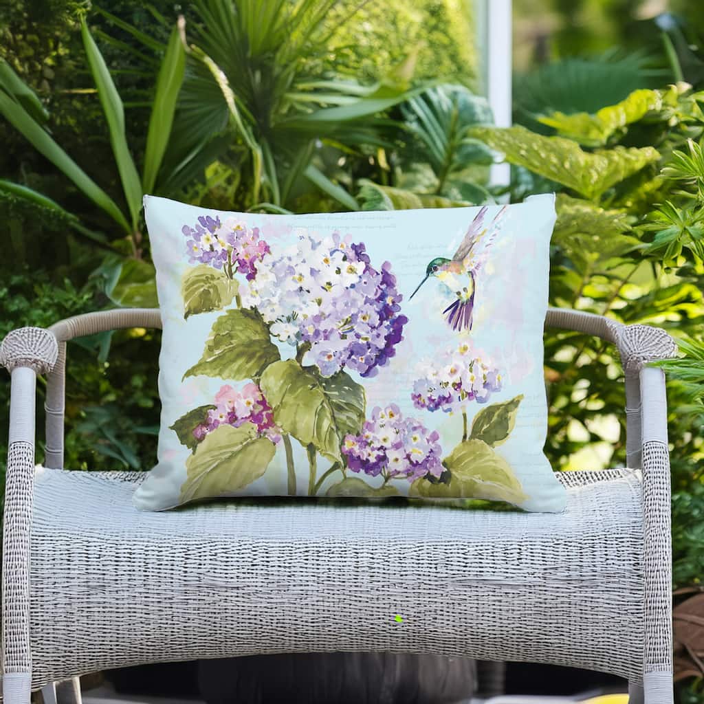 Magnolia Casual Outdoor Pillow Hummingbird with Hydrangea 19x24