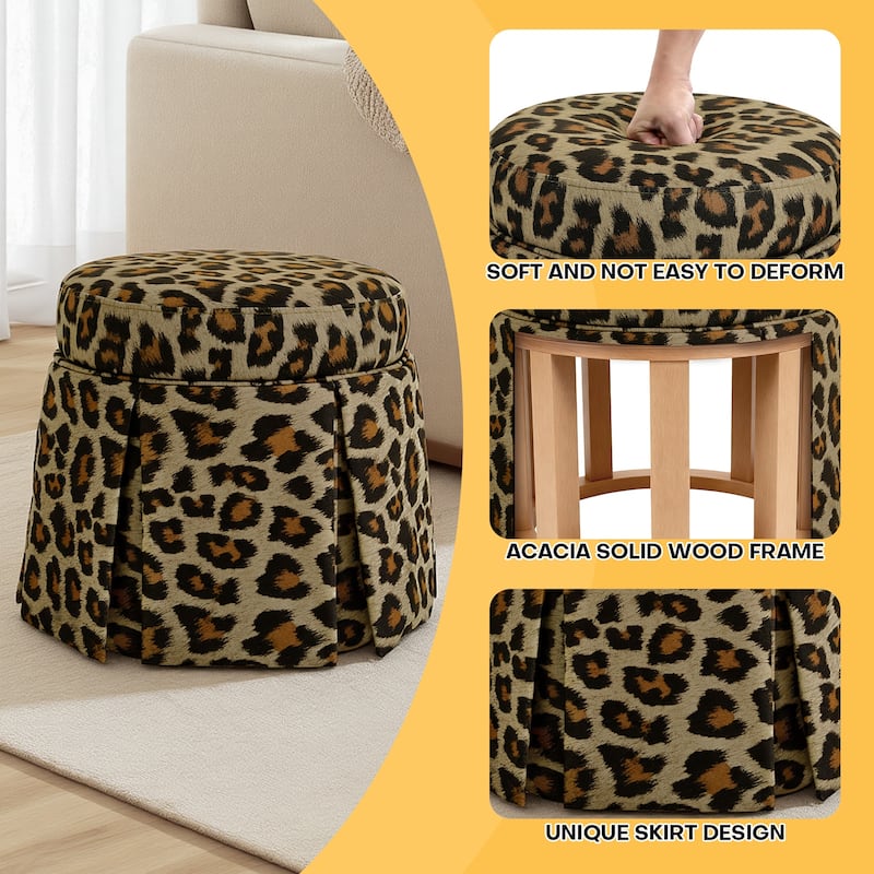 Round Storage Ottoman Footstool with Acacia Solid Wood Frame