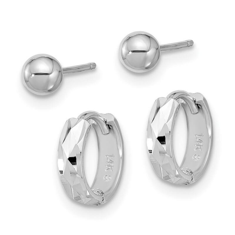 Curata 14k White Gold Polished Ball and Sparkle Cut Hinged Hoop Earrings - 4mm