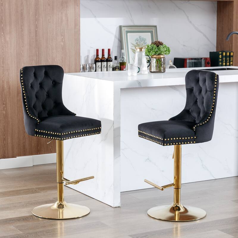 Modern Golden Swivel Velvet Barstools with Adjustable Height, Tufted Design for Kitchen and Pub - Set of 2