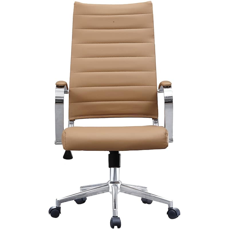Modern Tan High Back Office Chair Ribbed PU Leather Swivel Tilt Conference Room Computer Desk Cushion Seat Boss