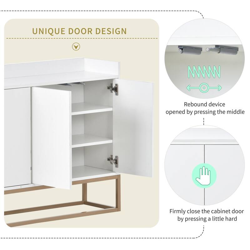 Compact White Sideboard Buffet Cabinet with Gold Legs, Innovative No-Handle Design and Adjustable Shelves for Small Spaces