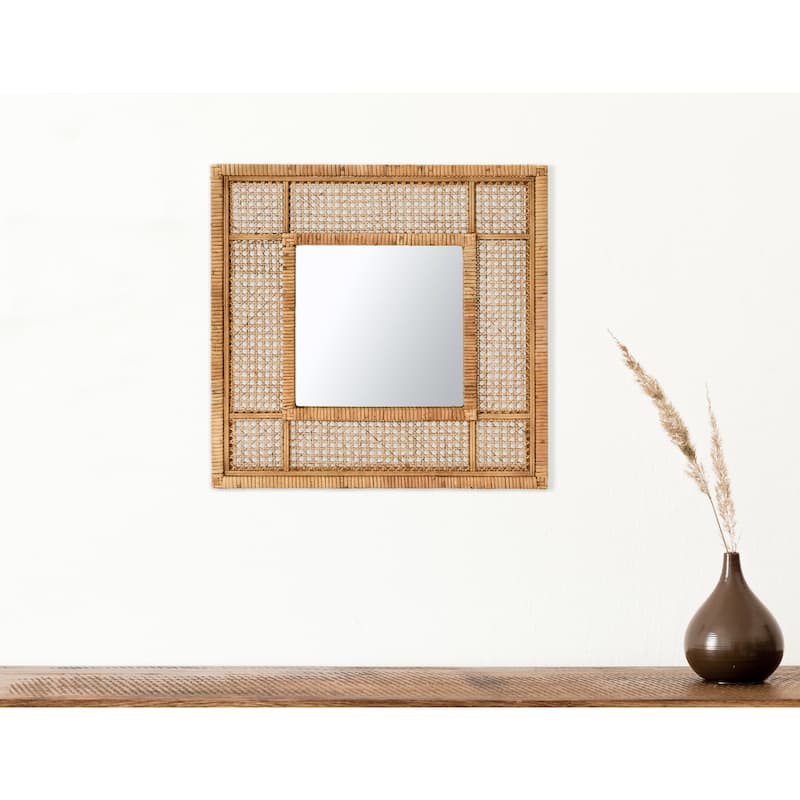 23.5" Square Modern Wood and Rattan Wall Mirror - Brown