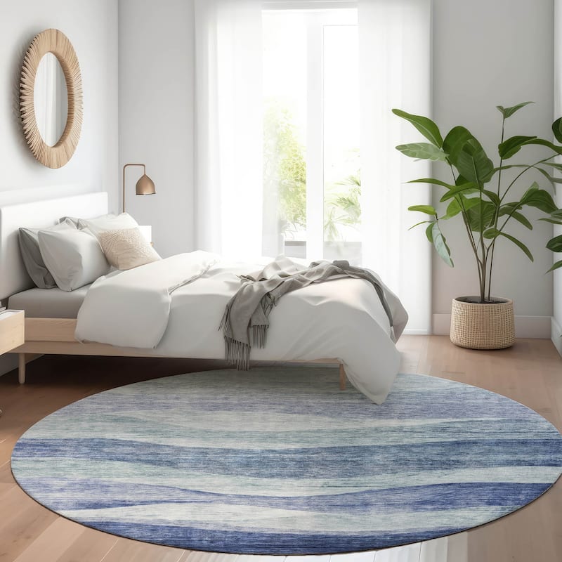 Machine Washable Indoor/ Outdoor Contemporary Waves Chantille Rug - Blue - 8' x 8'