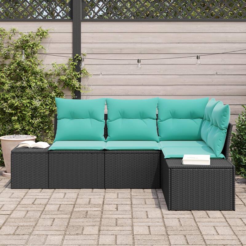 vidaXL 5 Piece Outdoor Sofa Set with Cushions Black Poly Rattan - 82 x 60 x 33 in
