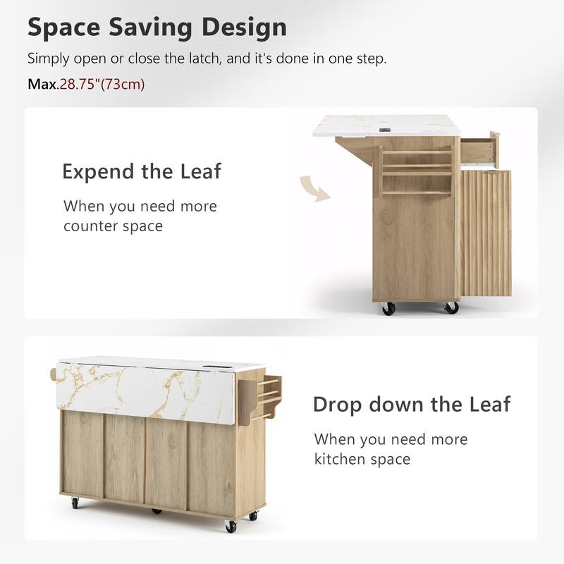 55.5" Fluted Storage Kitchen Island with Drop Leaf and Power Outlet and 3 Drawers