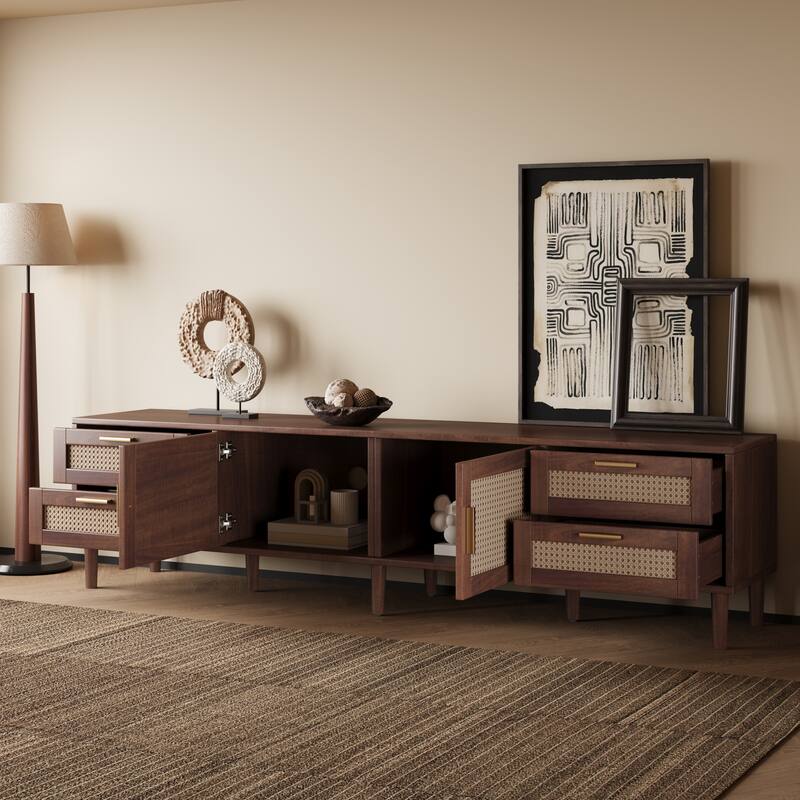 78.7" Dark Brown Rattan TV Stand with Storage, Entertainment Center with Drawers, 2 Cabinets, Wood Media Storage Cabinet