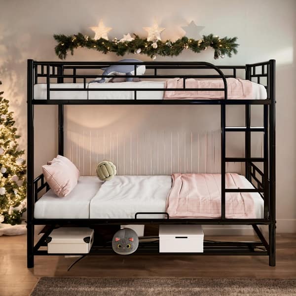 slide 2 of 12, Twin Over Twin Metal Bunk Bed with Shelf and Guardrails for Home Black