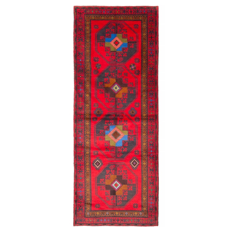 ECARPETGALLERY Hand-knotted Baluch Red Wool Rug - 3'4 x 9'2 - Red - 3'4 x 9'2