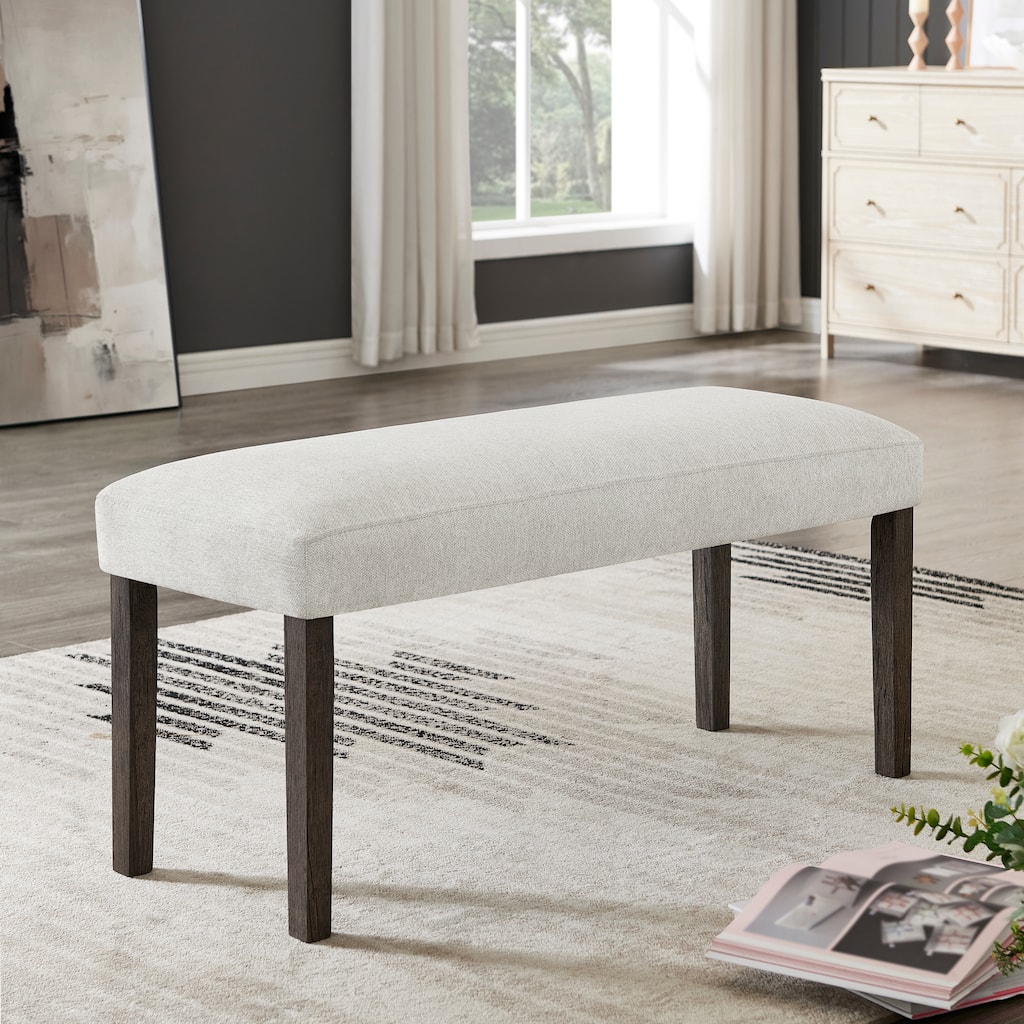 Contemporary Gray Upholstered Dining Bench with Walnut Wood Finish
