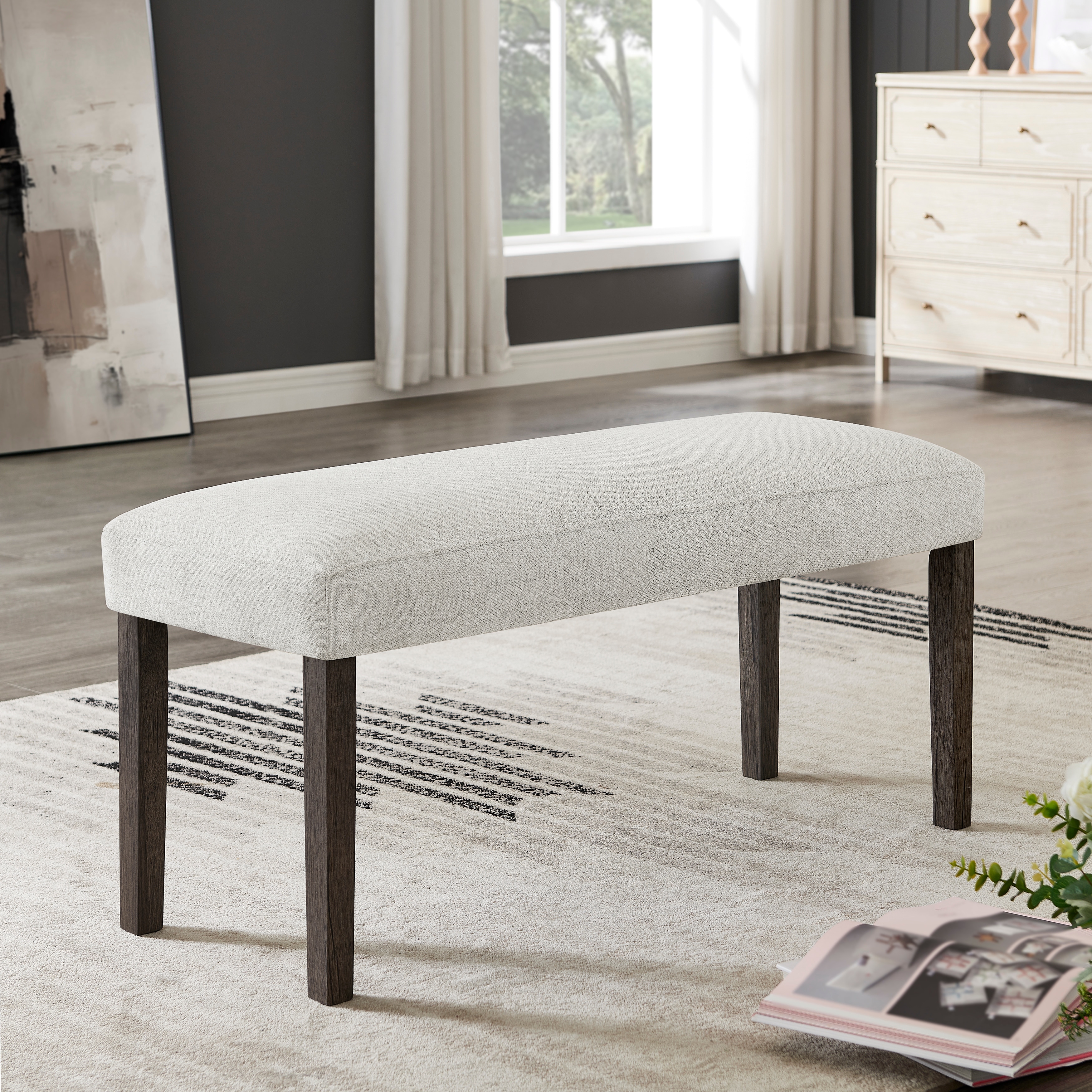 Contemporary Gray Upholstered Dining Bench with Walnut Wood Finish