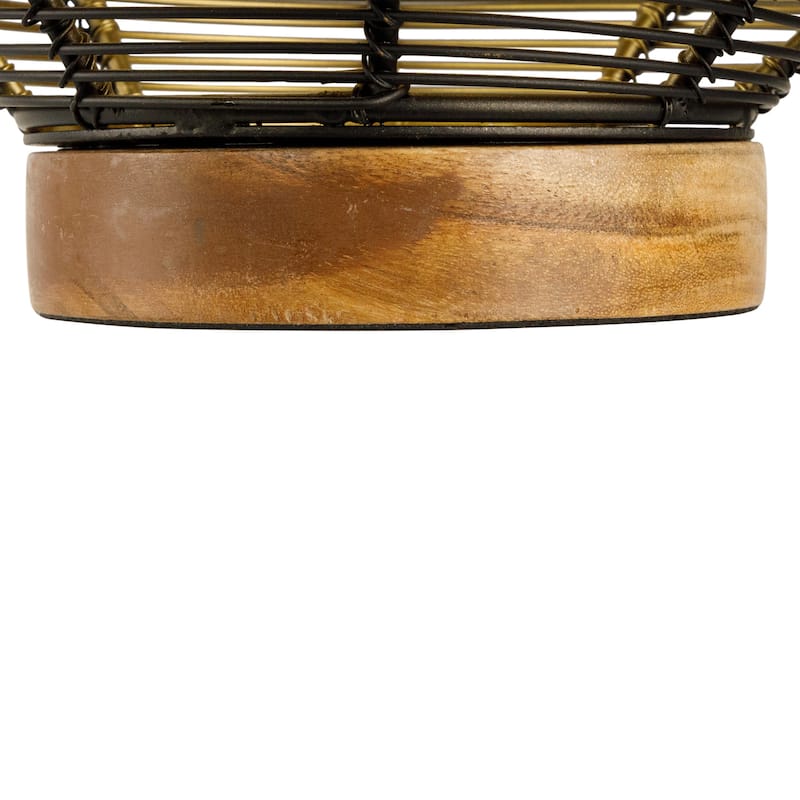 Small Woven Iron Pillar Candle Holder with Wooden Base - 7.25" - Black
