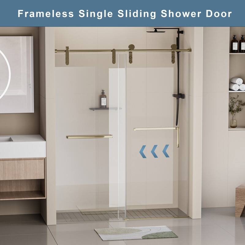 56-60" W x 76" H Single Sliding Frameless Shower Door with 5/16" (8mm) Tempered Glass & Dual Towel Bars