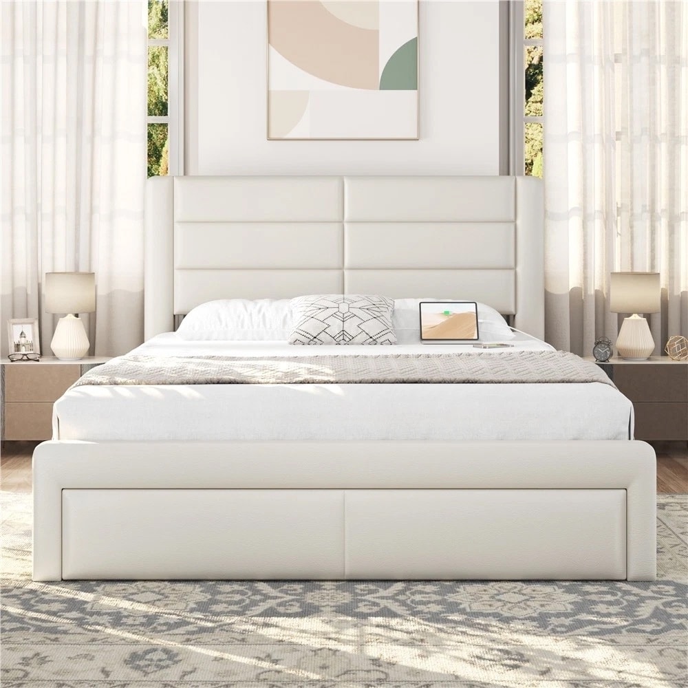 Queen Upholstered Bed Frame 3 Storage Drawers Built-In USB Ports