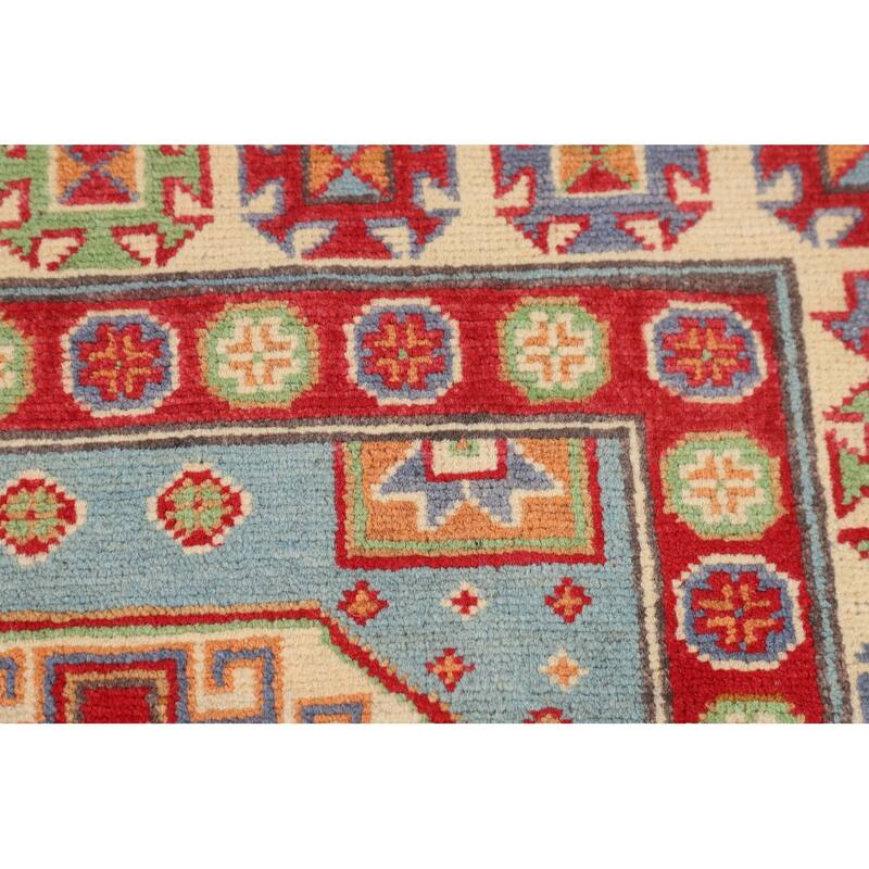 Light Blue Geometric Kazak Accent Rug Handmade Wool Carpet - 2'8" x 3'10"